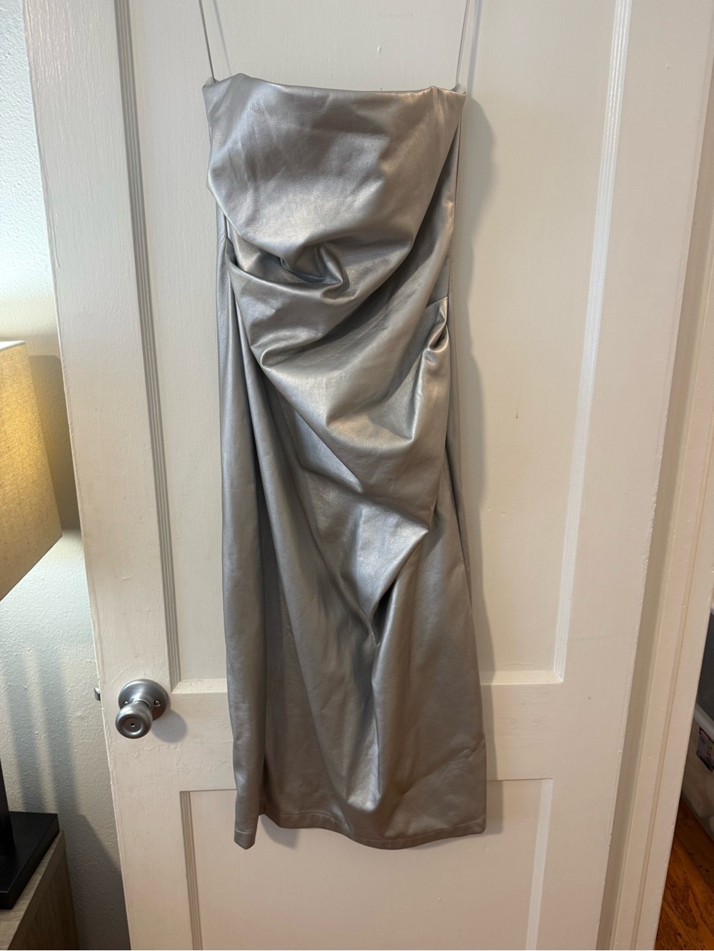 Strapless Silver Satin Draped Midi Dress